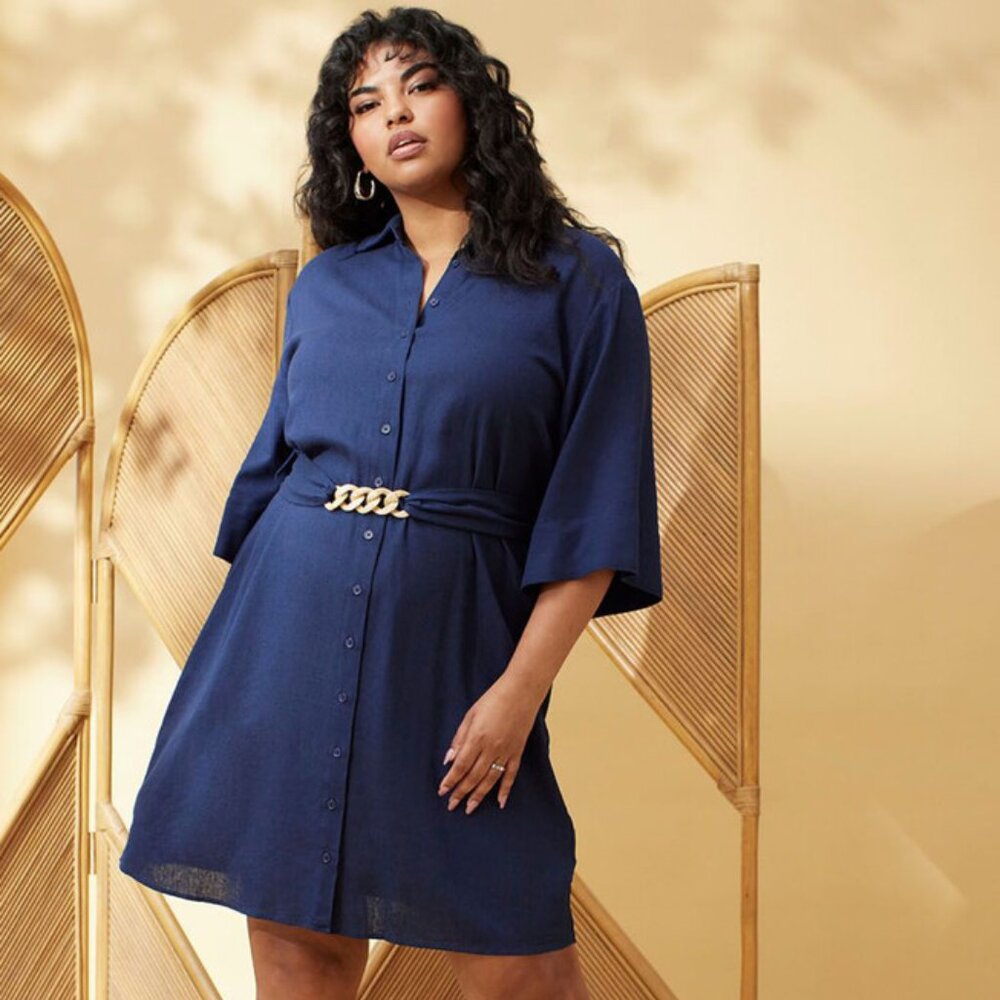 NWT: Eloquii Navy Linen Blend Shirt Dress